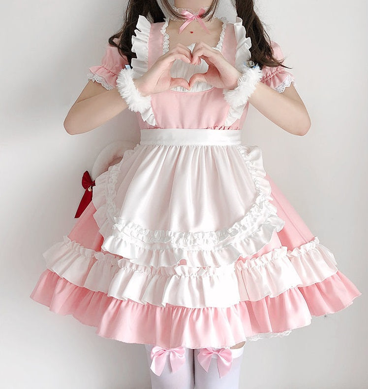Cute Anime Japanese Maid Neko Pink Dress Cosplay