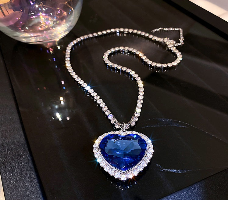 Deep Sea Ocean Blue Love Heart Sapphire Diamond Silver Chain Luxury European French Rhinestone Gemstone Pendant Necklace