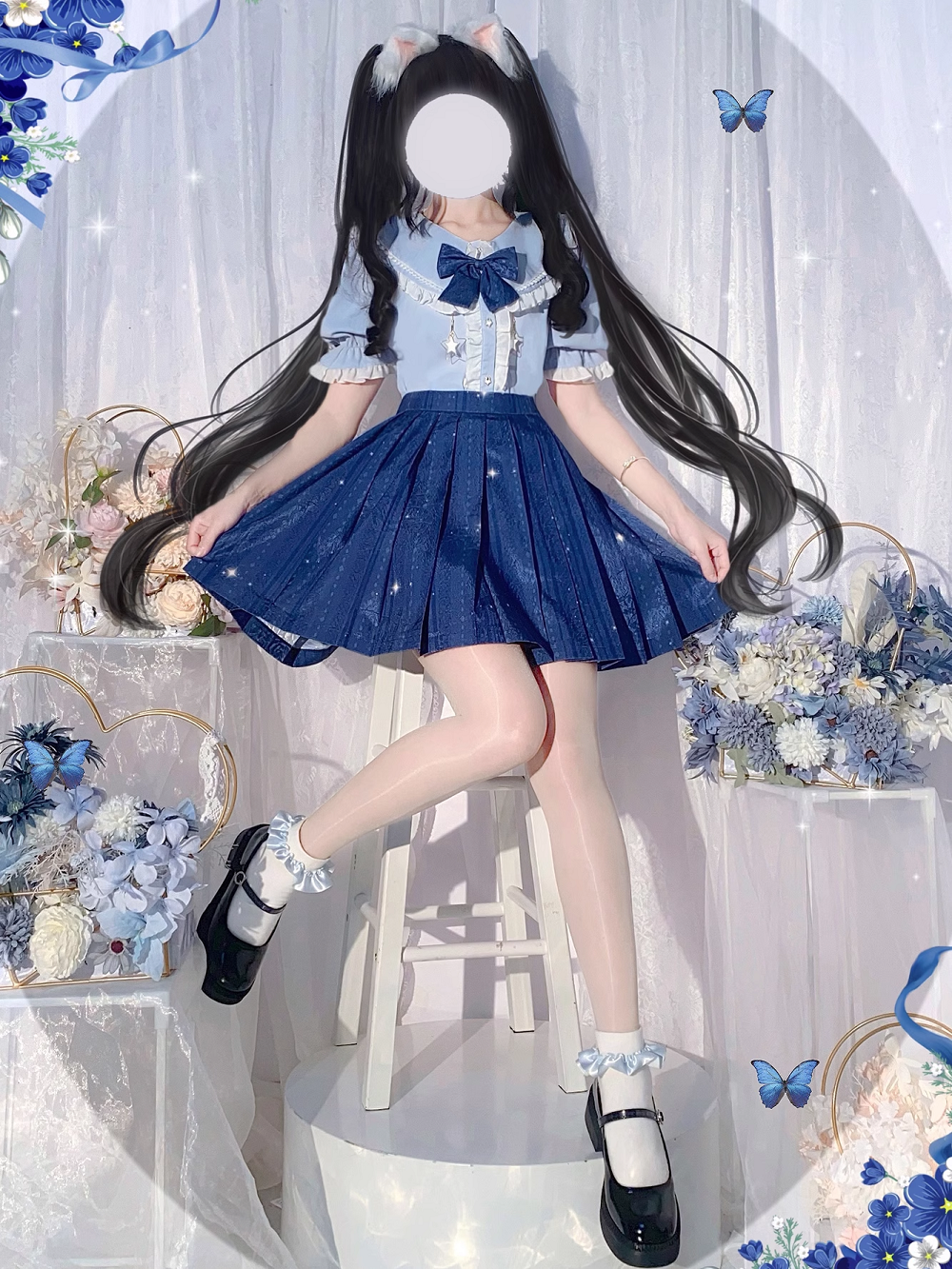Stardust Midnight Navy Blue Stars Pattern Japanese School Student Uniform Seifuku Cosplay Mini Short Skirt with Pockets