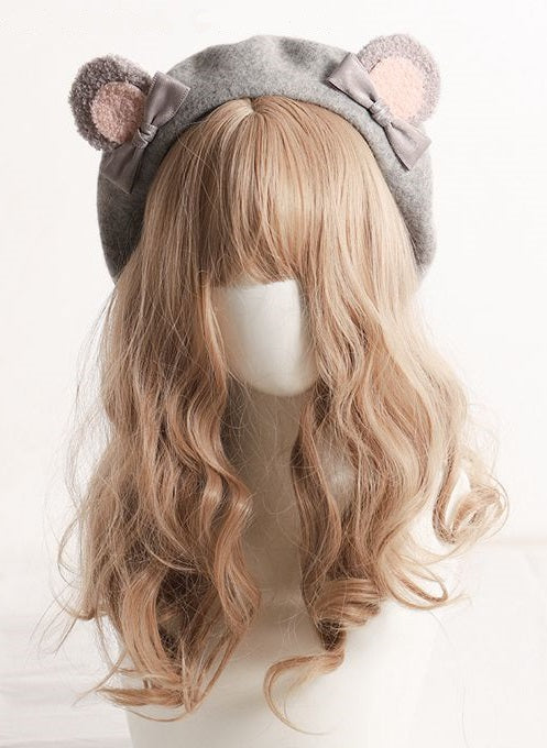 Cute Furry Teddy Bear Ears Bow Beret Hat