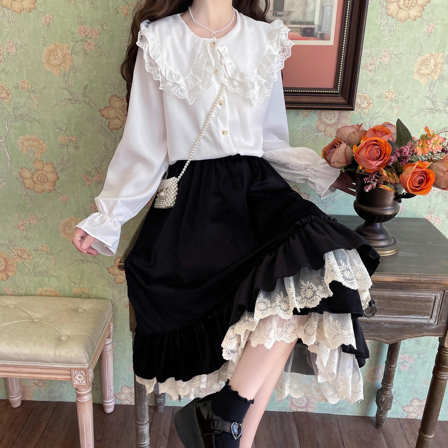 Fall Autumn Mori Girl White & Black Lace Long Elastic Gathered Waist Skirt