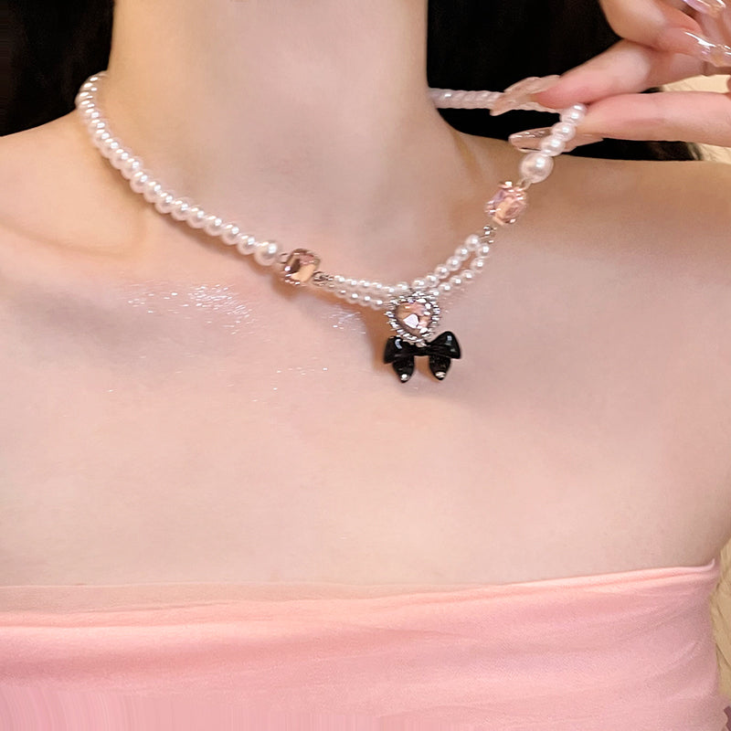 Pink Heart Black Bow Pearl Necklace Pendant