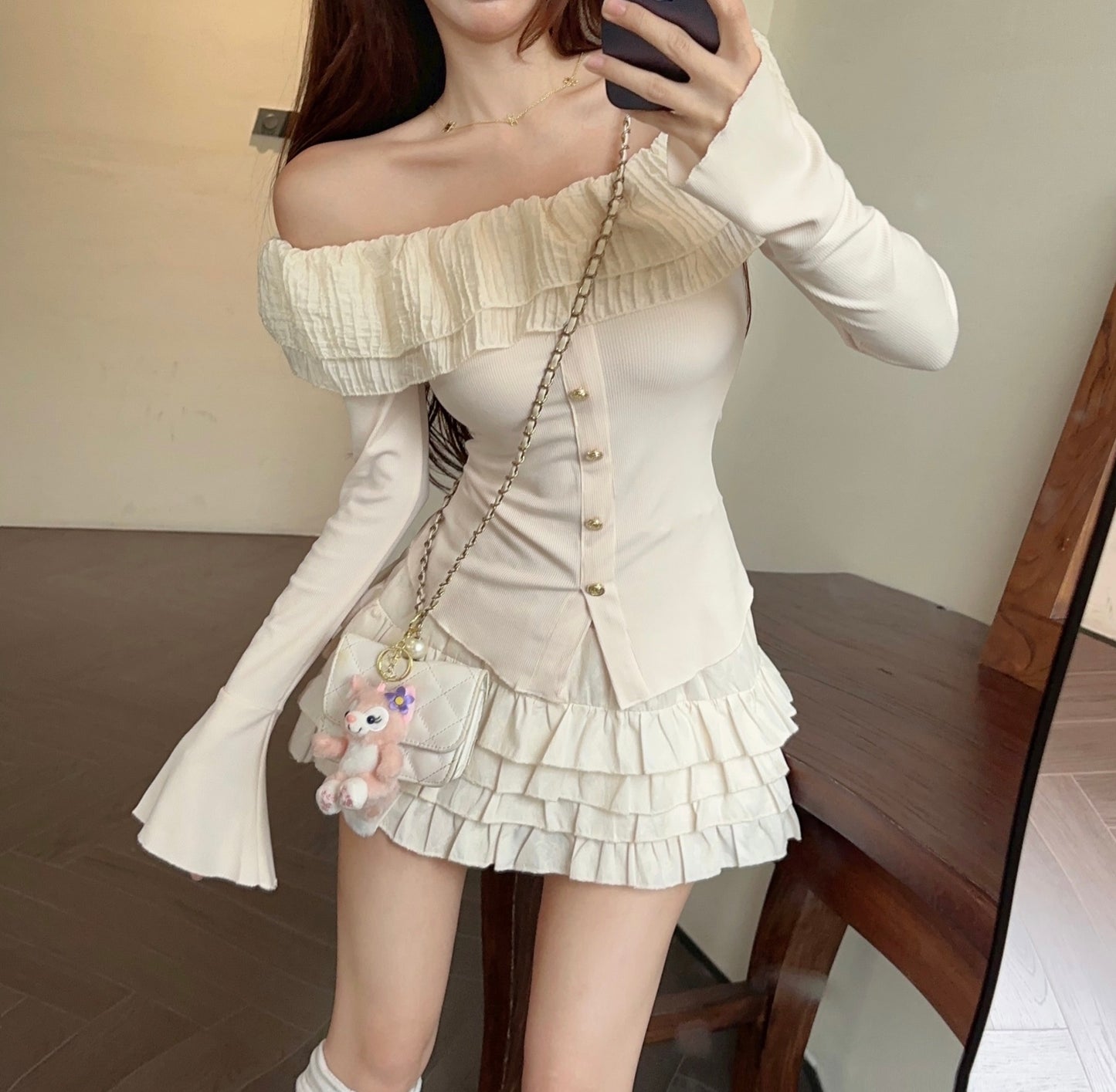 Frill Ruffled Coquette Fit Long Sleeve Cream Top