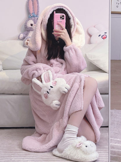 Pink Purple Rabbit Bunny Cute Cartoon Women Girl Thick Plush Coral Fleece Warm Winter Pajamas Sleepwear Hooded Nightgown Coat & Pants Two Piece Set