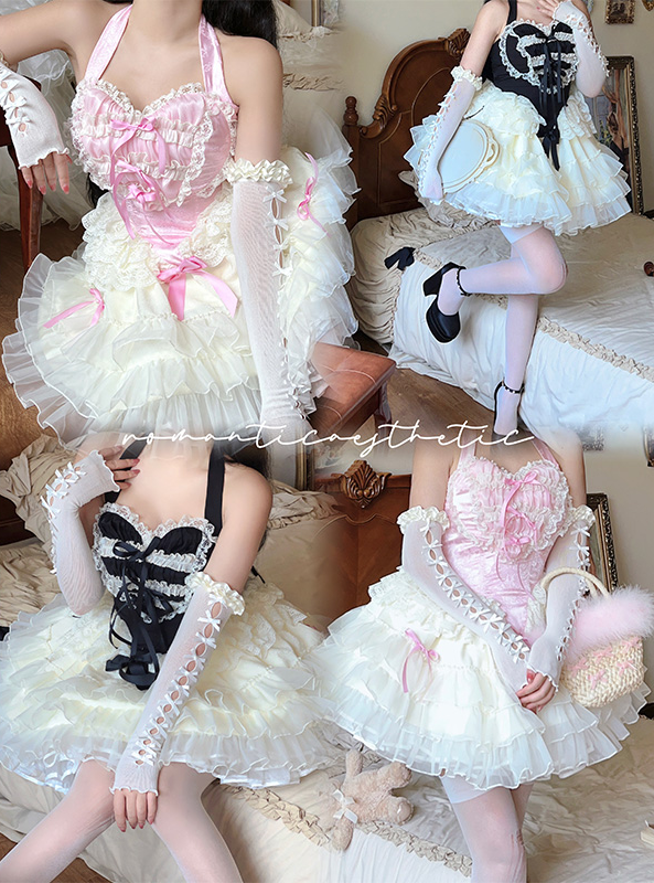 Lovely Girl Maid Balletcore Coquette Lace Hearts Black Pink Strap Tulle Dress