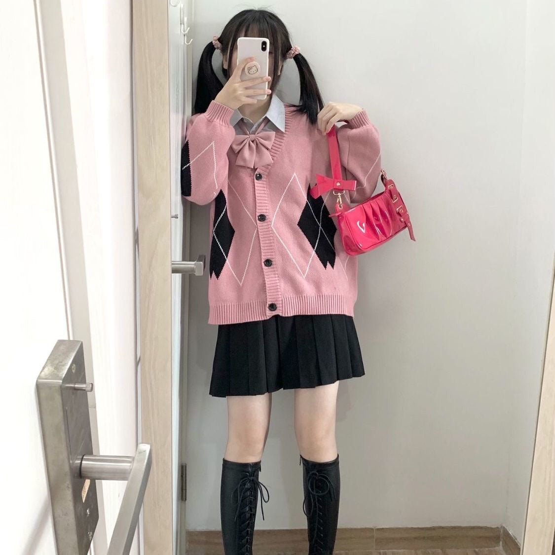 Japanese Girl Cute Autumn Winter Spring Student Embroidery Rhombus Diamond Shaped Pattern Knit Pink Black Sweater Cardigan