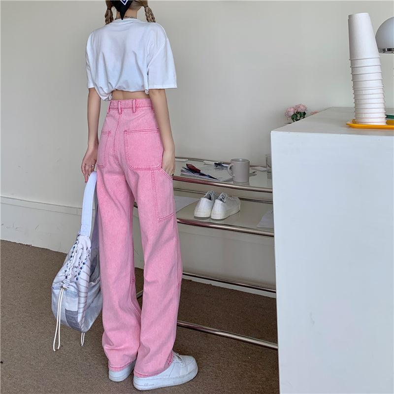 Summer Cute Chic Girl Student High Waist Hot Pastel Line Pink Long Trouser Pant Jeans