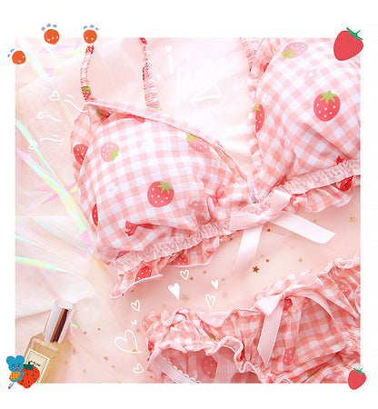 Strawberry Plaid Pattern Lace Bow Girl Sweet Japanese Student Bra Set Pink Panties Underwear Lingerie