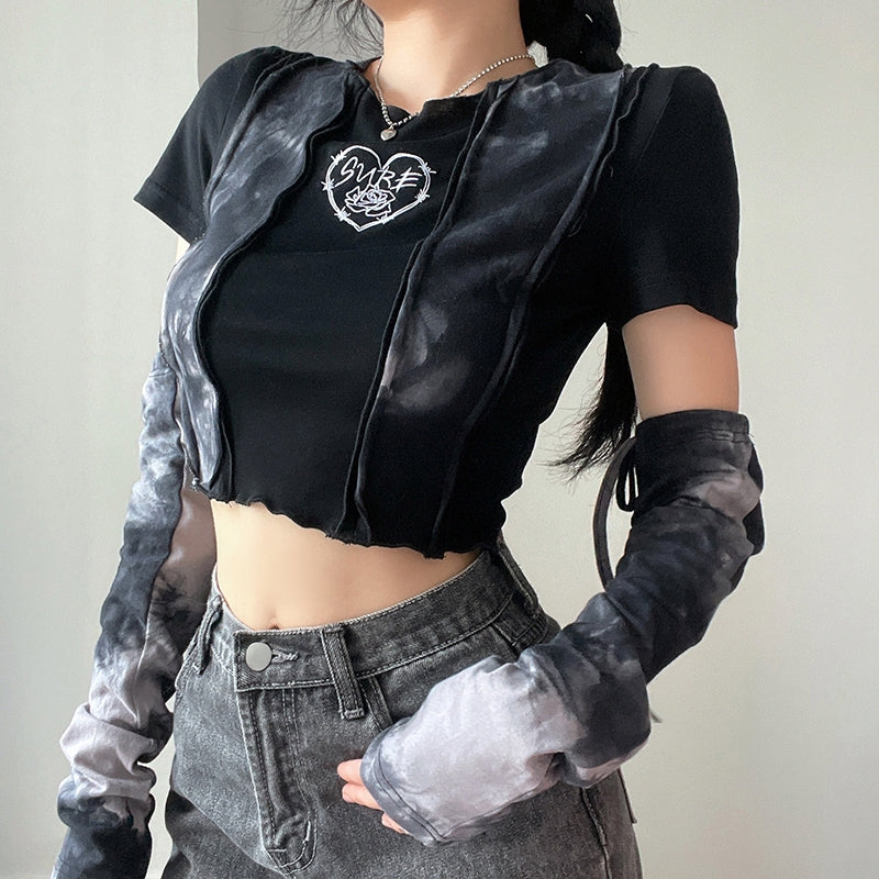 Stitching Embroidery Cool Tie Dye Short Sleeve Black Shirt Top Long Arm Gloves