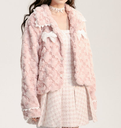 Sweet Pink Ribbon Bow Knot Fluff Fur Plush Coat Jacket