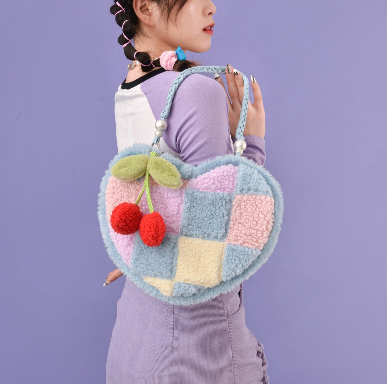 Cherry Cross Stitch Pattern Y2K Rainbow Blue & Purple Pastel Colorful Women Shoulder Messenger Bag