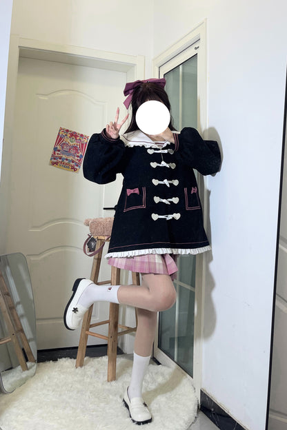 Japanese Cute Girl Women Bow Embroidery Heart Love Shape Sailor Collar Pink Black Coat Jacket