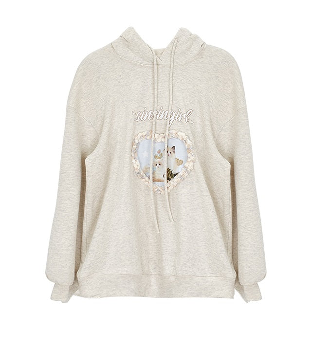 Cat Kitty Heart Lace Print Gray Sweatshirt Hoodie