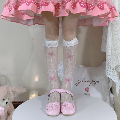 Japanese Sweet Heart Cross Pink Ribbon Fishnet White Knee Socks