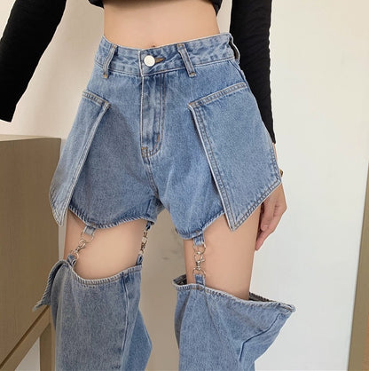 American Style Cute Trendy Sexy Girl Chic Summer Wide Leg Trouser Pants Detachable Shorts Blue Black Denim Jeans