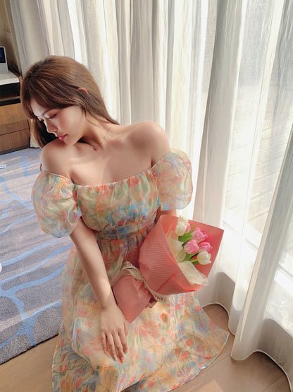 Plus Size Women French Style Retro Floral Orange Oil Painting Off Shoulder Puff Sleeve Dress