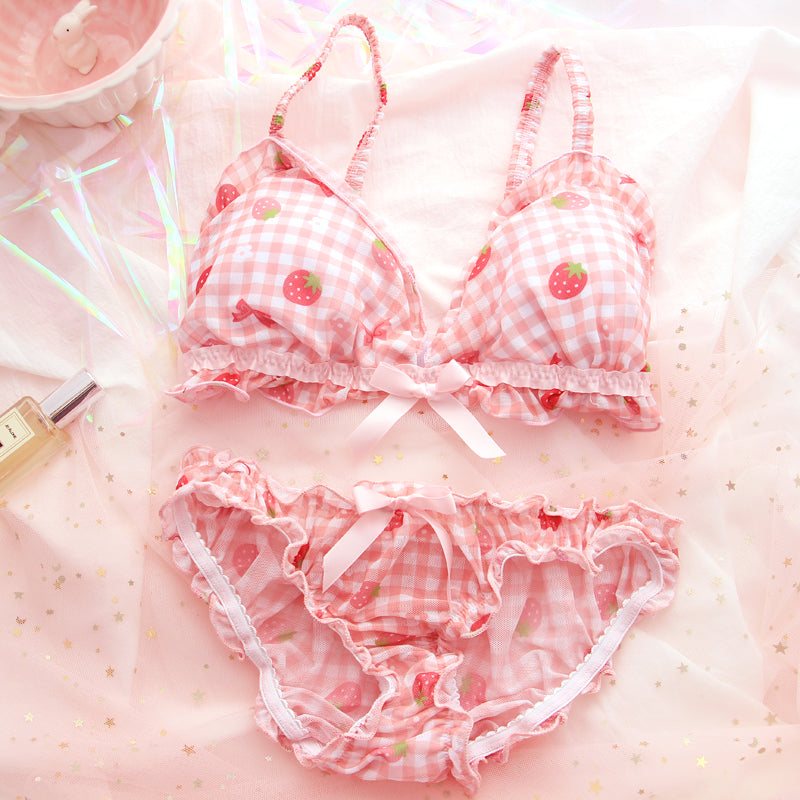 Strawberry Plaid Pattern Lace Bow Girl Sweet Japanese Student Bra Set Pink Panties Underwear Lingerie