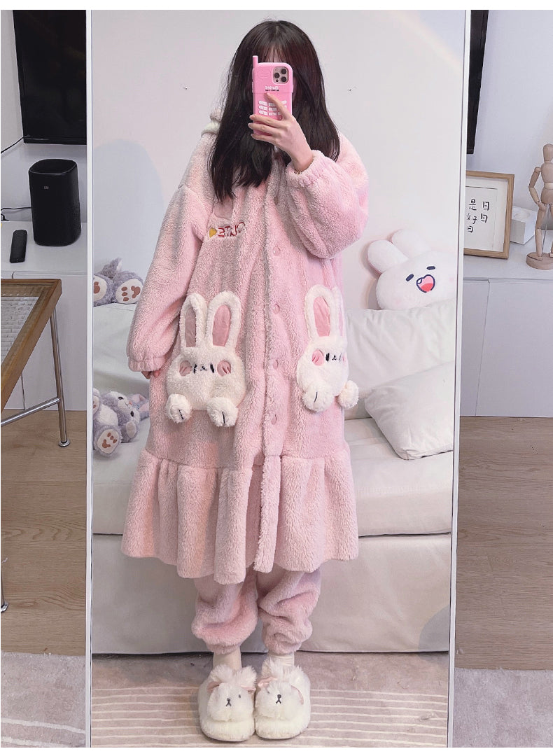 Pink Purple Rabbit Bunny Cute Cartoon Women Girl Thick Plush Coral Fleece Warm Winter Pajamas Sleepwear Hooded Nightgown Coat & Pants Two Piece Set