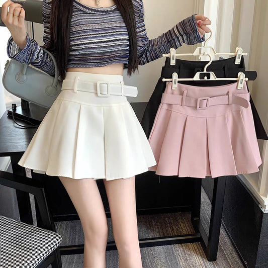 Summer Spring Girl Women White Black Pink High Waist Belt Pleated Skirt