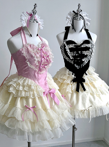 Lovely Girl Maid Balletcore Coquette Lace Hearts Black Pink Strap Tulle Dress