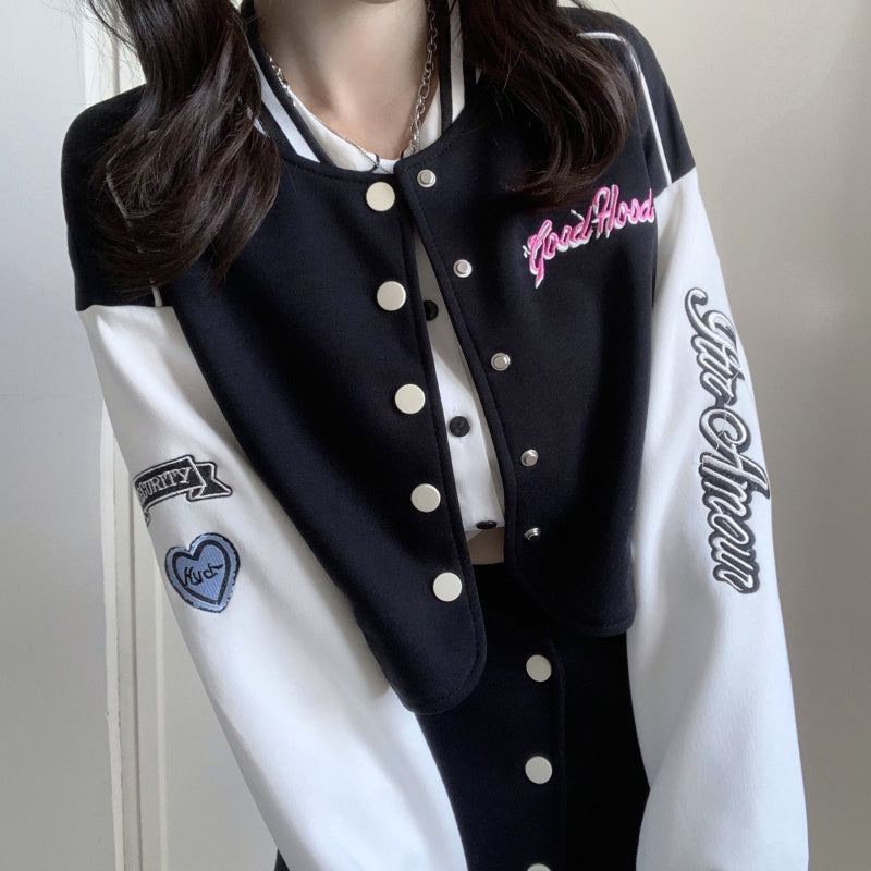 Student Baseball Letter Embroidery Vintage Retro Y2K Jacket Black Denim Short Mini Skirt Two Piece Set