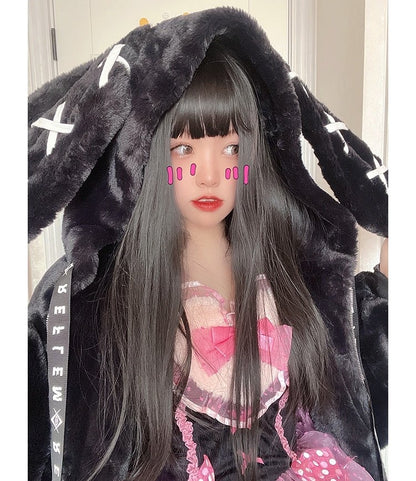 Cute Gothic Soft Fluffy Plush Cross Pattern Rabbit Bunny Ears Pink Black Long Jacket Coat