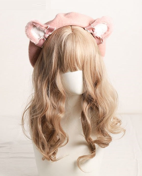 Cute Furry Teddy Bear Ears Bow Beret Hat