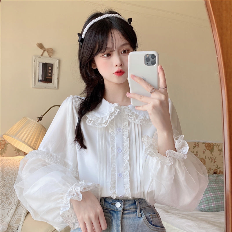 Elegant Lace Cuff Long Sleeve White Japanese Blouses Love Sleeve T Shirts