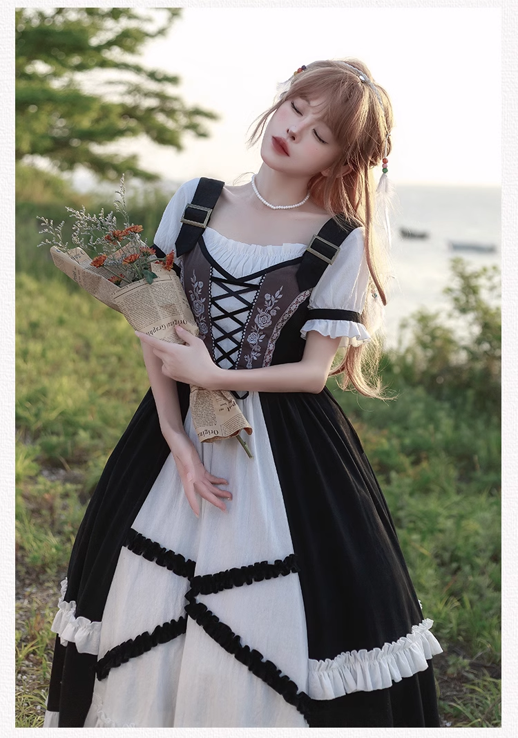Vintage Cottagecore Bavarian Rose Black Suspender Strap Elegant Dollcore Autumn Fall Girl Dress