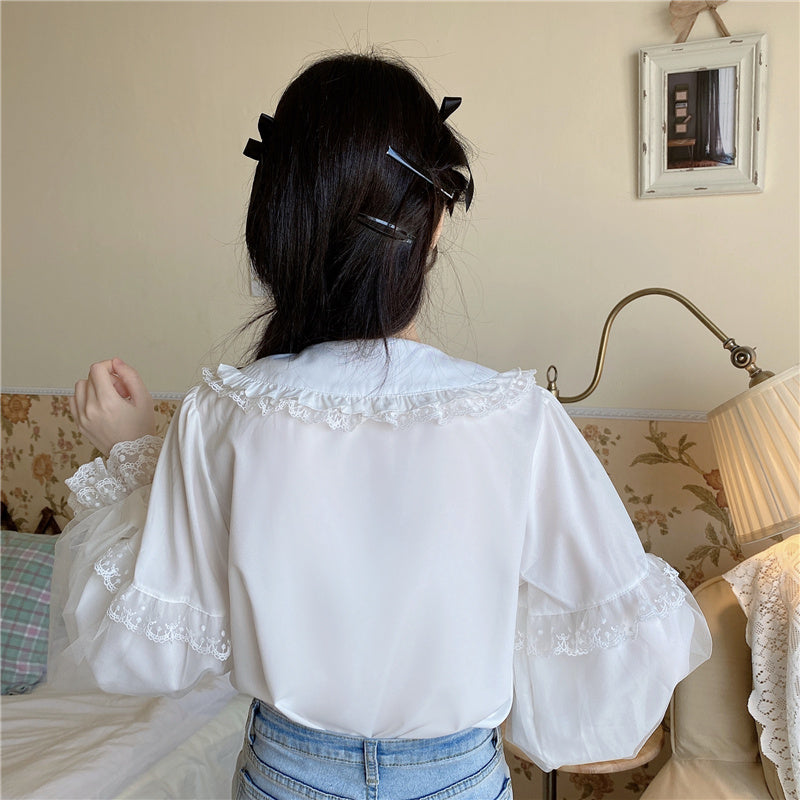 Elegant Lace Cuff Long Sleeve White Japanese Blouses Love Sleeve T Shirts