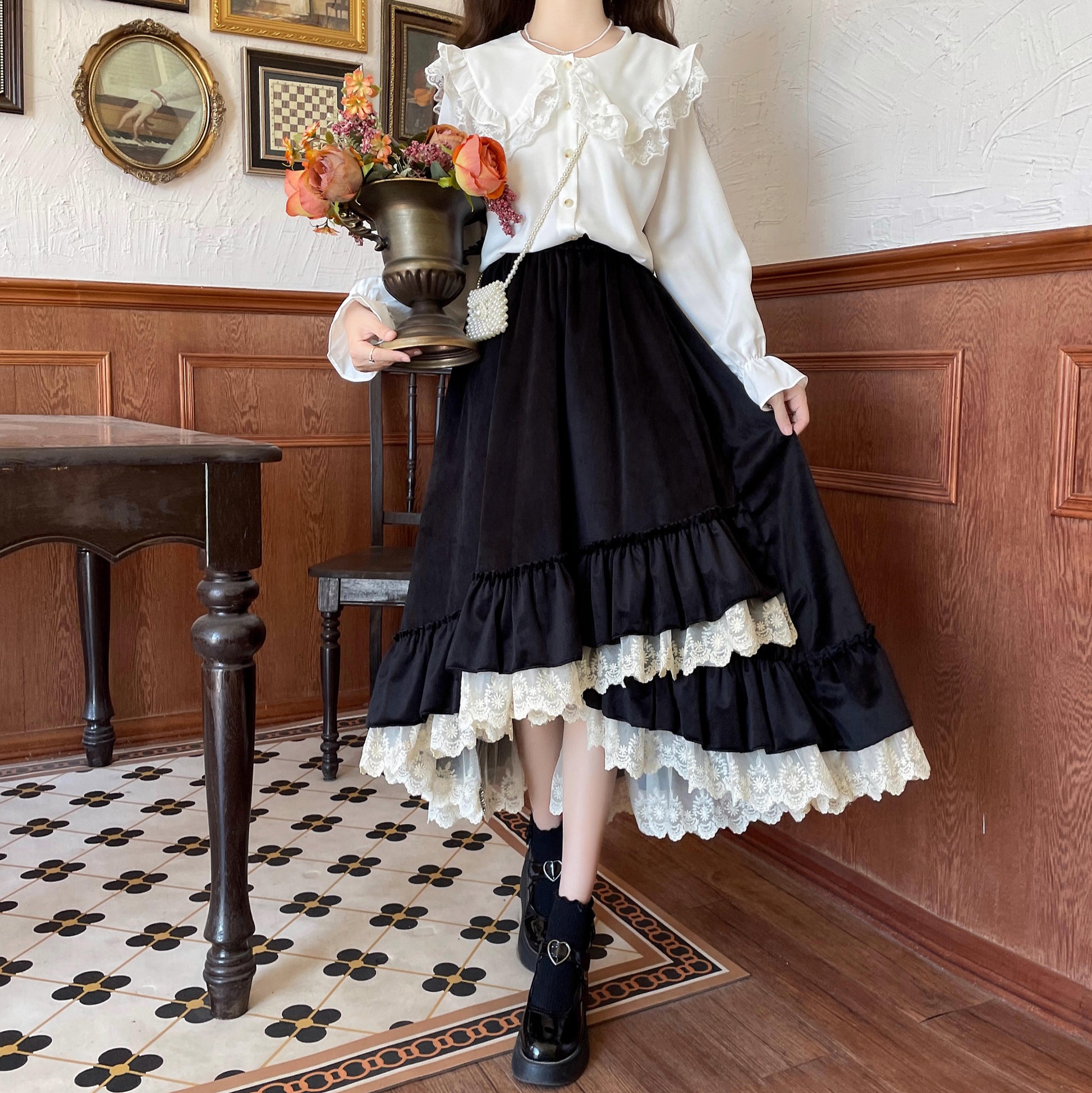 Fall Autumn Mori Girl White & Black Lace Long Elastic Gathered Waist Skirt