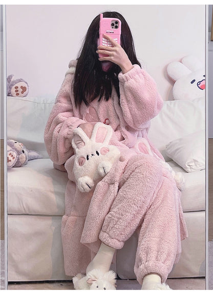 Pink Purple Rabbit Bunny Cute Cartoon Women Girl Thick Plush Coral Fleece Warm Winter Pajamas Sleepwear Hooded Nightgown Coat & Pants Two Piece Set