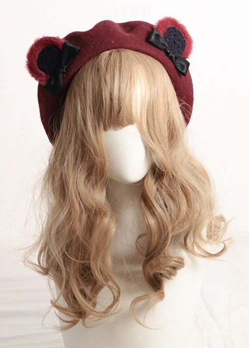 Cute Furry Teddy Bear Ears Bow Beret Hat