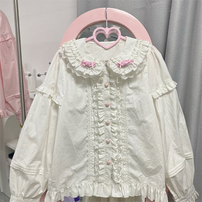 Japanese Girl Cute Doll Collar Elegant Lace Pink & White Long Sleeve T Shirt Blouse Top