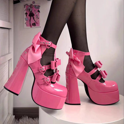 French Girl Heart Cross Bow Classic Japanese Fashion Women Platform Bow High Heels Shoes