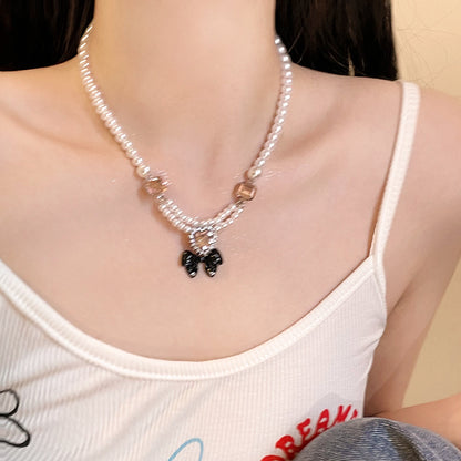 Pink Heart Black Bow Pearl Necklace Pendant