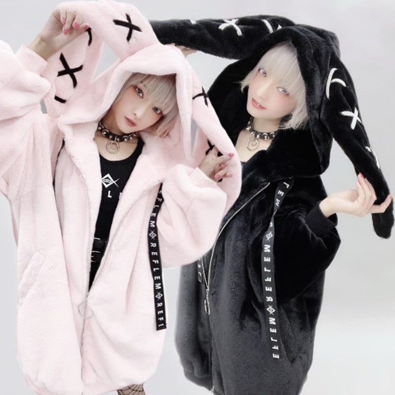 Cute Gothic Soft Fluffy Plush Cross Pattern Rabbit Bunny Ears Pink Black Long Jacket Coat