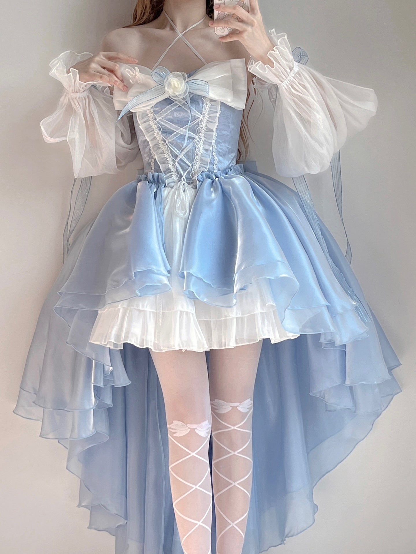 Japanese Girl Princess Corset Sweet Bow Lace Blue White Halter Neck Half Short Half Long Layered Dress