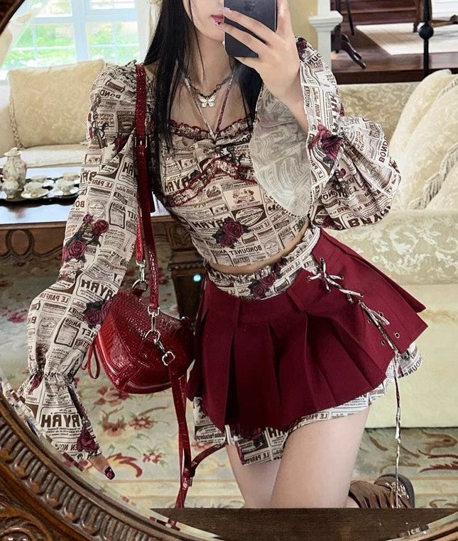 Red Rose Newspaper Retro Ruffled Top Spliced Skirt Two Piece Set