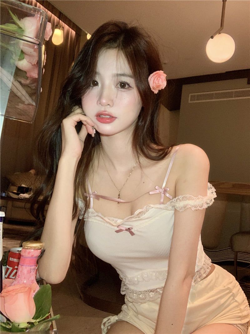Sexy & Sweet Summer Style Women Pink White Form Fitting Lace Tank Tops Camisole