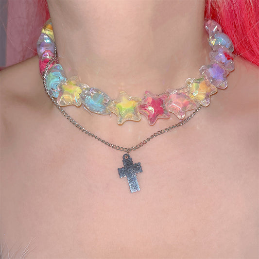 Y2K Harajuku Double Layer Cross Rainbow Colorful Stars Hearts Beads Necklace