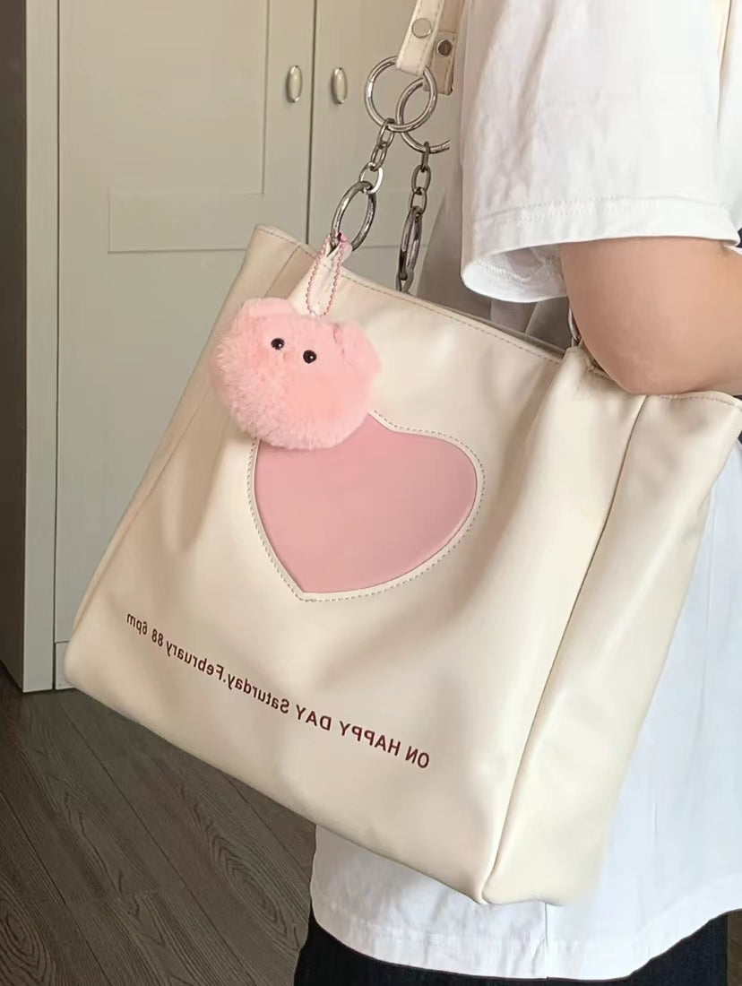 Y2K Pink Heart White Fashion Cute Big Large Capacity Student Shoulder Messenger Bag