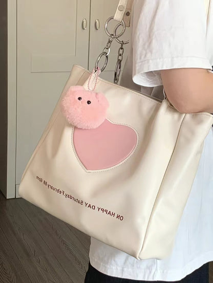 Y2K Pink Heart White Fashion Cute Big Large Capacity Student Shoulder Messenger Bag