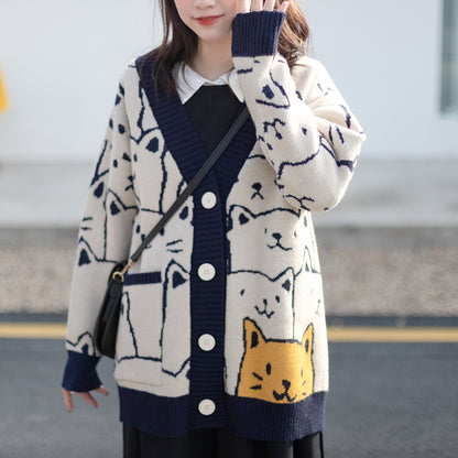 Cute Cat Pattern Knitted Cardigan