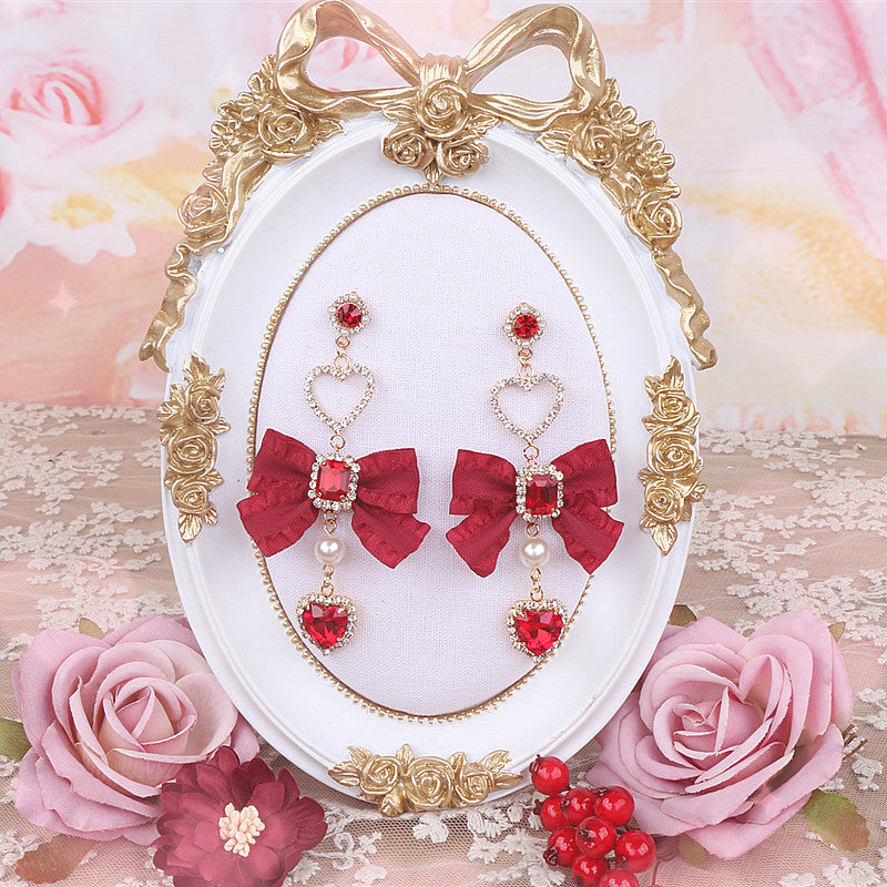 Ruby Gem Pearl Jewelry Diamond Classic Burgundy Scarlet Red Bow Fairy Tales Princess Earrings