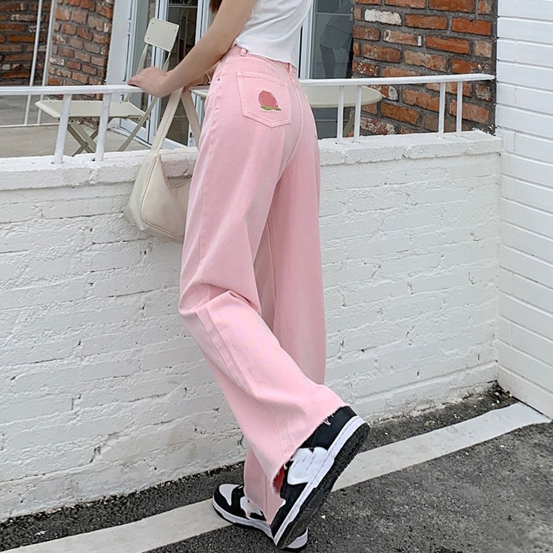 Summer Cute Chic Girl Student High Waist Soft Pastel Peach Print Embroidery Pink Long Trouser Pant