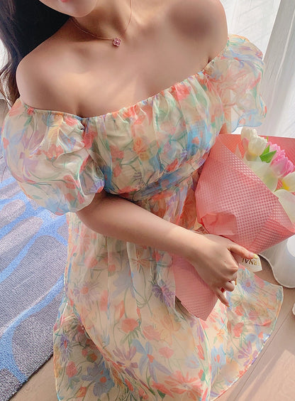 Plus Size Women French Style Retro Floral Orange Oil Painting Off Shoulder Puff Sleeve Dress