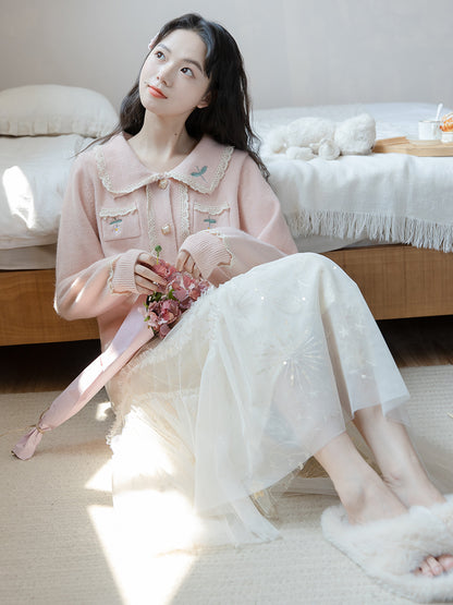 Spring Autumn Girl Women Flower Floral Lace Orose Pink Cardigan