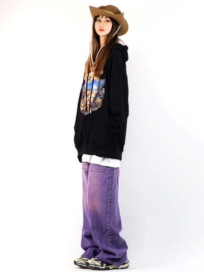 Y2K Loose Wide Leg Gradient Purple Washed Denim Jeans Pants