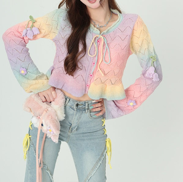 Bubblegum Soft Pastel Colorful Rainbow Knitted Sweater Cardigan